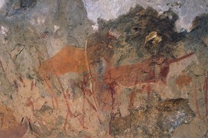 Menschliche und tierische Figuren, Buschmänner oder San-Höhlenmalereien, Maloti-Drakensberg Park (Unesco-Welterbeliste, 2000), Lesotho von Prehistoric Prehistoric