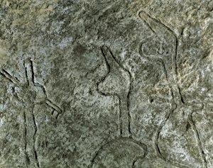 Vorgeschichte, Felskunst: Petroglyphe (Graffiti auf Stein) einer Jagdszene. Neolithikum, Steinzeit. (Aserbaidschan) Bronzezeit. Baku, Aserbaidschanisches Staatliches Religionsgeschichtliches Museum