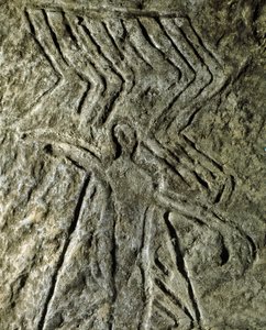 Prähistorisch, Felskunst: Petroglyph (Graffiti auf Stein) einer menschlichen Figur. Neolithikum, Steinzeit. (Aserbaidschan) Bronzezeit. Baku, Aserbaidschanisches Staatliches Religionsgeschichtliches Museum