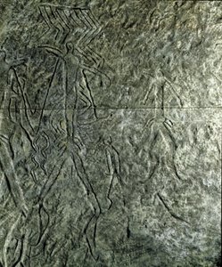 Prähistorie, Felskunst: Petroglyphen (Graffiti auf Stein) von menschlichen Figuren. Neolithikum, Steinzeit. (Aserbaidschan) Bronzezeit. Baku, Aserbaidschanisches Staatliches Religionsgeschichtliches Museum von Prehistoric Prehistoric