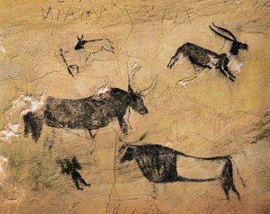 Felskunst: Hirsche und Kühe. Aus Spanien, El Cogul, Höhle dels Moros. Vorgeschichte, Mesolithikum (Fresko) von Prehistoric Prehistoric