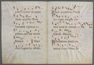 Bifolium aus einem Antiphonar: Musik von Primo Miniatore di San Domenico