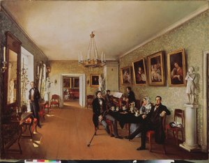Eine Familienszene (Tägliche Aktivitäten zur Teestunde, einige spielen Klavier, andere hören zu, eine Frau im Hintergrund näht). Gemälde von Prokofi Jegorowitsch Puschkarjow (?-nach 1856)
