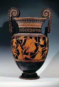 Attischer rotfiguriger Volutenkrater, verziert mit einer Szene von Schauspielern und Musikern, die sich auf eine Aufführung vorbereiten, Griechisch, aus Ruvo, 5. Jahrhundert v. Chr.
