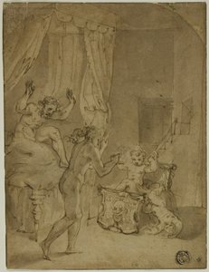 Der kleine Herkules erwürgt Schlangen in seiner Wiege (recto); Gekrönte Frau kniend in Landschaft und andere Skizzen (verso)