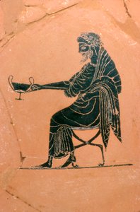 Detail von Dionysos sitzend, griechischer Teller, gemalt von Psiax von Psiax