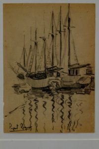 Segelboote, Narcís Puget Riquer, Kohlezeichnung, Museo Puget, Casa Noble de Can LLaudis, Dalt Vila, Ibiza, Balearen, Spanien von Puget Riquer