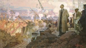Maxim Gorki (1868-1936) beim Bau des Wasserkraftwerks 