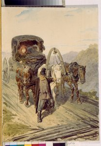 Troika (russisches Gespann gezogen von drei Pferden) - Pyotr Petrowitsch Sokolow, Aquarell auf Papier von Pyotr Petrovich Sokolov