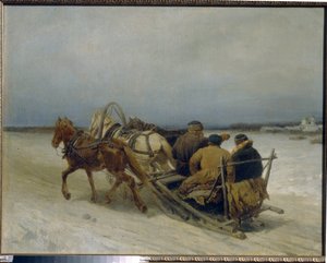Troika im Winter (traditionelles russisches Gespann, gezogen von drei Pferden) - Pyotr Petrowitsch Sokolow, Öl auf Leinwand von Pyotr Petrovich Sokolov