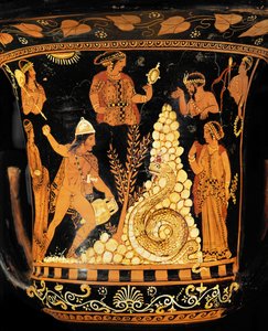 Rotfiguriger Krater: König Kadmos, eine Amphore in einer Hand, wirft Steine auf den Drachen von Python Python