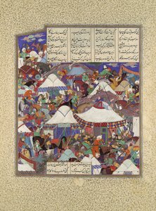 Das betrunkene iranische Lager bei Nacht angegriffen, Folio 241r aus dem Shahnama, ca. 1525-30 von Qadimi