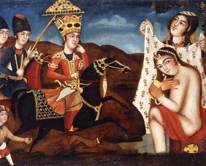Khusraw entdeckt Shirin beim Baden, um 1840