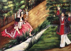 Ein Jüngling trifft auf ein Mädchen an einem Bach, ca. 1863-4 von Qajar School