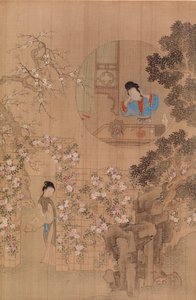 Frau im Garten - Frau im runden Fenster von Qiu Ying