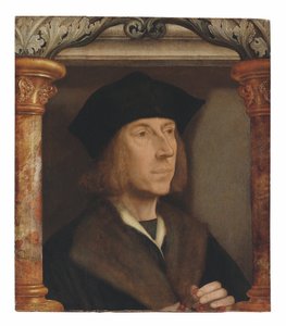 Porträt eines Herrn, Brustbild, in einem pelzgefütterten Mantel, der einen Rosenkranz betet, in einer architektonischen Umgebung von Quentin Massys or Metsys