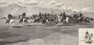 Kavallerieübungen am 17. September, mit Lanzenreiter rechts, Pordenone, Italien, Gravur von Cantagalli nach einer Zeichnung von Quinto Cenni, aus L