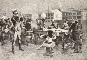 Italienische Offiziere in der Kabine auf dem Schiff Gottardo, italienische Expedition im Roten Meer, Gravur nach einer Zeichnung von Quinto Cenni und einer Skizze von Dante Paolocci, aus L
