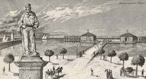 Denkmal zum Gedenken an Giuseppe Garibaldi (1807-1882), italienischer Politiker und Patriot, und Badeanstalt im Hintergrund, Cesenatico, Italien