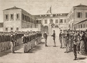 Prinz Vittorio Emanuele (1870-1946), Graf von Turin, verleiht Abschlüsse an Kadetten der Militärakademie von Mailand, Italien, 14. März