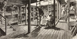 Soldaten unter Deck im Schlafsaal, Schiff Principe Amedeo, italienische Expedition im Roten Meer, Italien, Gravur nach einer Zeichnung von Quinto Cenni und einer Skizze von M. Dal Don, aus L