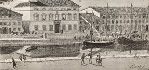Das Rathaus und der Hafenkanal, Cesenatico, Italien (Stich) von Quinto Cenni