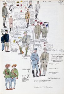 Uniformen des Königreichs Italien im Jahr 1915, Tafel aus dem Cenni-Codex, Sammlung militärischer Skizzen in Aquarell von Quinto Cenni