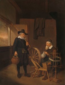 Innenraum mit Fischer und Mann neben einer Spule und Spindel