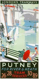 Putney, für Fluss und Heide, London County Council LCC Straßenbahnplakat von RF Fordred