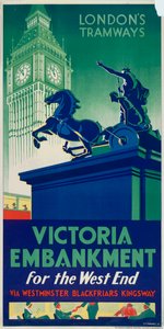 Victoria Embankment, London County Council LCC Straßenbahnplakat, 1932