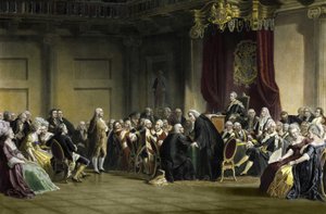 Benjamin Franklin (1706-1790), amerikanischer Philosoph, Physiker und Staatsmann vor den Lords des Geheimen Rates, Whitehall Chapel, London von R. Whitechurch