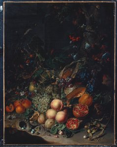 Pfirsiche, Trauben, Granatäpfel, Melonen, ein Maiskolben, Aprikosen, Pflaumen, Birnen, Eicheln von Rachel Ruysch