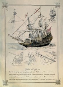 Galeone des 17. Jahrhunderts in einer Zeichnung des 19. Jahrhunderts von Rafael Monleon y Torres