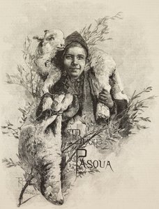 Frohe Ostern, junger Mann mit Lamm auf den Schultern, Gravur nach einem Gemälde von Raffaele Faccioli, aus L