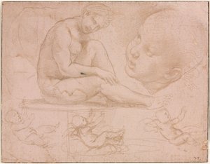 Studien einer sitzenden Frau, Kinderkopf und drei Studien eines Babys, ca. 1507-8 von Raffaello Sanzio Raphael
