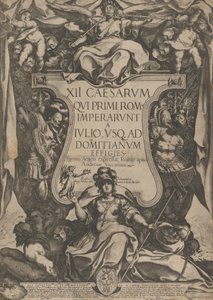 Frontispiz mit einem Trompeter, der Trompeten auf einem Kartusche sitzend bläst von Raffaello Schiaminossi