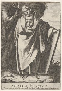 Tafel 9: die phrygische Sibylle hält die Spitze einer Tafel mit ihrer linken Hand und zeigt mit von Raffaello Schiaminossi
