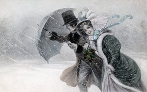 Paar im Schneesturm mit Regenschirm, Ende 19./Anfang 20. Jahrhundert