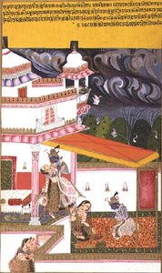 Folio 72. Krishna beschwichtigt Radha, während sich ein Sturm zusammenbraut, aus dem 