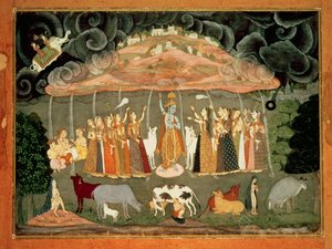 Krishna stützt den Berg Govardhana von Ustad Sahibdin, Bikaner von Rajput School