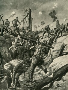 Britische Soldaten in einem deutschen Schützengraben, Westfront, Erster Weltkrieg, ca. 1915