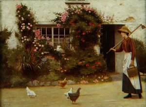 Junges Mädchen mit einer Hacke vor einem Cottage
