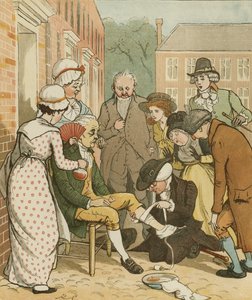 Eine Elegie auf den Tod eines verrückten Hundes von Oliver Goldsmith. Nachbarn verbinden den Biss des guten Mannes von Islington. Illustration von Randolph Caldecott