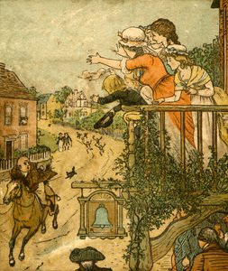 John Gilpin galoppiert am Bell Inn vorbei, während seine Frau und Kinder vom Balkon winken