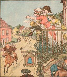 John Gilpin galoppiert am Bell Inn vorbei, während seine Frau und Kinder vom Balkon winken, 1878, um 1918