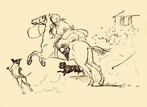 John Gilpin wird von Hunden gejagt, während sein Pferd außer Kontrolle gerät, 1878, um 1918 von Randolph Caldecott