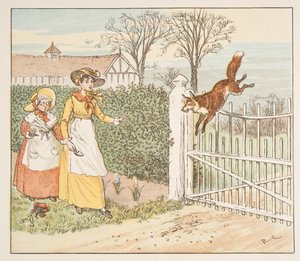 Der Fuchs springt über das Pfarrtor, aus dem Hey Diddle Diddle Bilderbuch, veröffentlicht 1882 von Randolph Caldecott