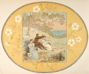 Zwei Frauen und ein Mann sitzen in einer Lichtung nahe der Küste. Floraler Rand. von Randolph Caldecott