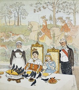 Ein König und eine Königin sitzen am Tisch, umgeben von Dienern, hinter ihnen eine Jagdszene von Randolph Caldecott