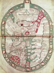 Weltkarte mit Jerusalem als Zentrum, Polychronicon, um 1380